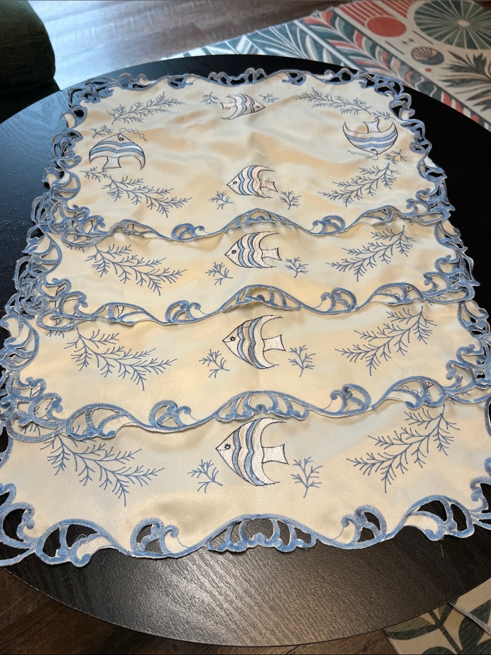 Set of 4 Vintage Blue and White Embroidered Nautical Beach House Fish Placemats